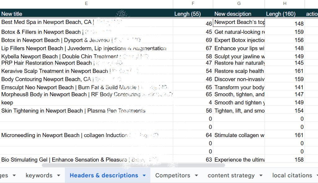 SEO Implementation Tracking Sheet showing optimized titles and meta descriptions for service pages