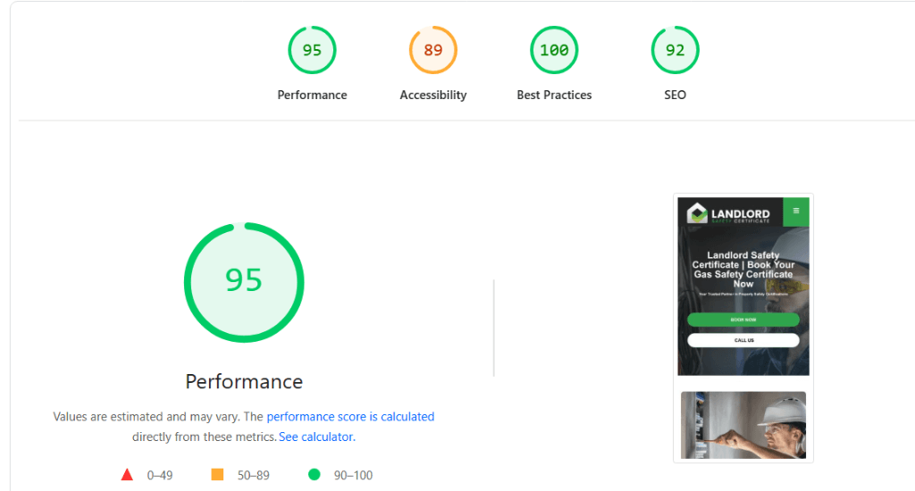 Google Lighthouse Performance Score of 95/100